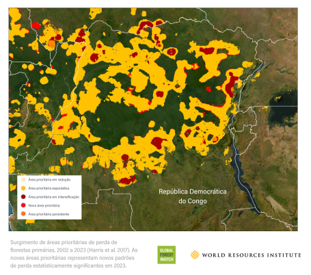 Novas áreas prioritárias mostram a expansão das fronteiras da perda florestal na parte leste da República Democrática do Congo.